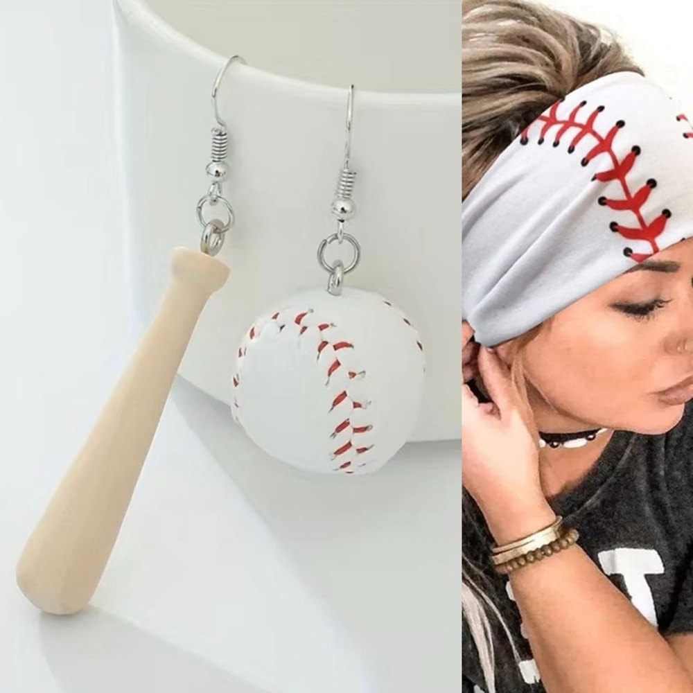Set of Baseball, bat‎ earrings and head band